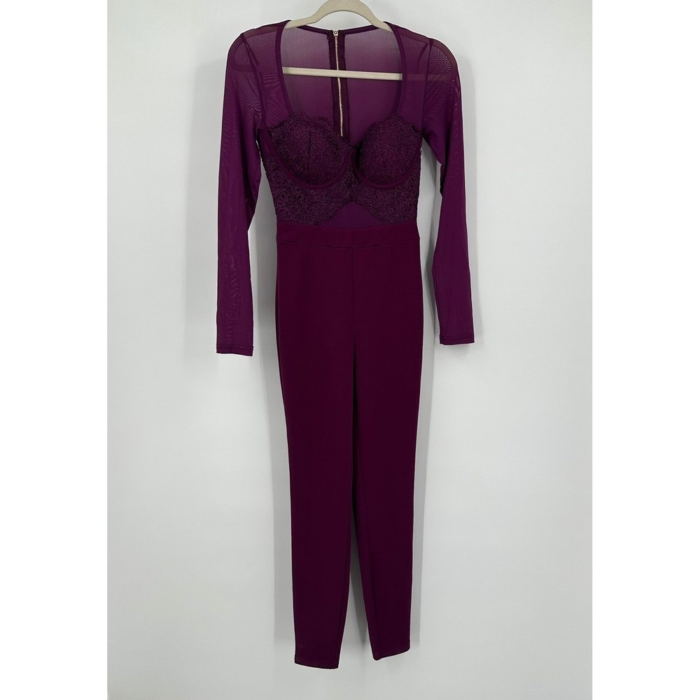 Womens Edgy Bustier Jumpsuit Size S Club Gothic Romantic Mesh Lace Sultry Plum